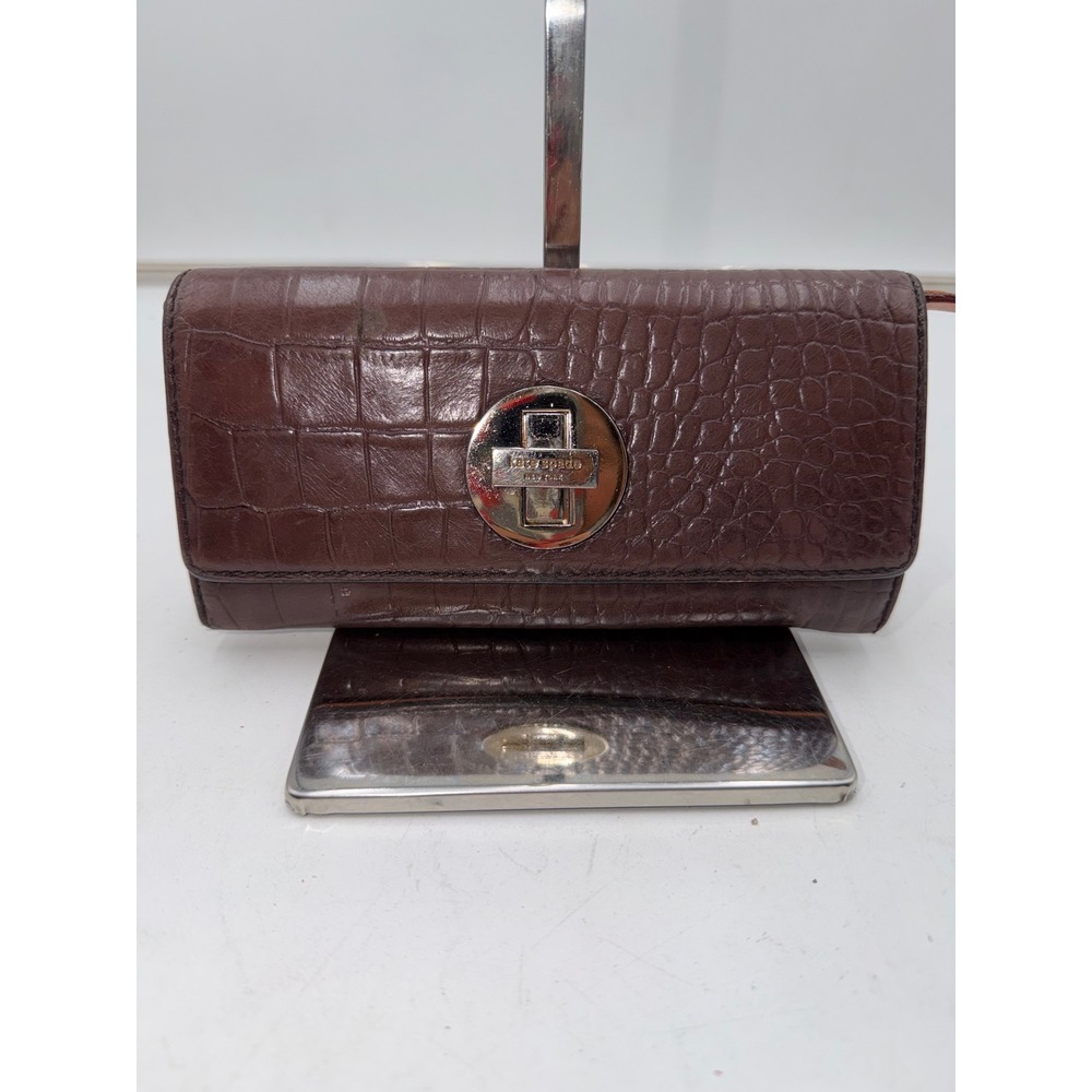 Kate Spade Brown Croc Embossed Leather Turnlock Continental Wallet